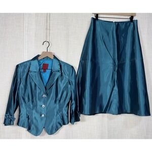 JS Collections Women's 10 Blue Suit Set Evening Blazer Jacket Skirt Satin Shiny